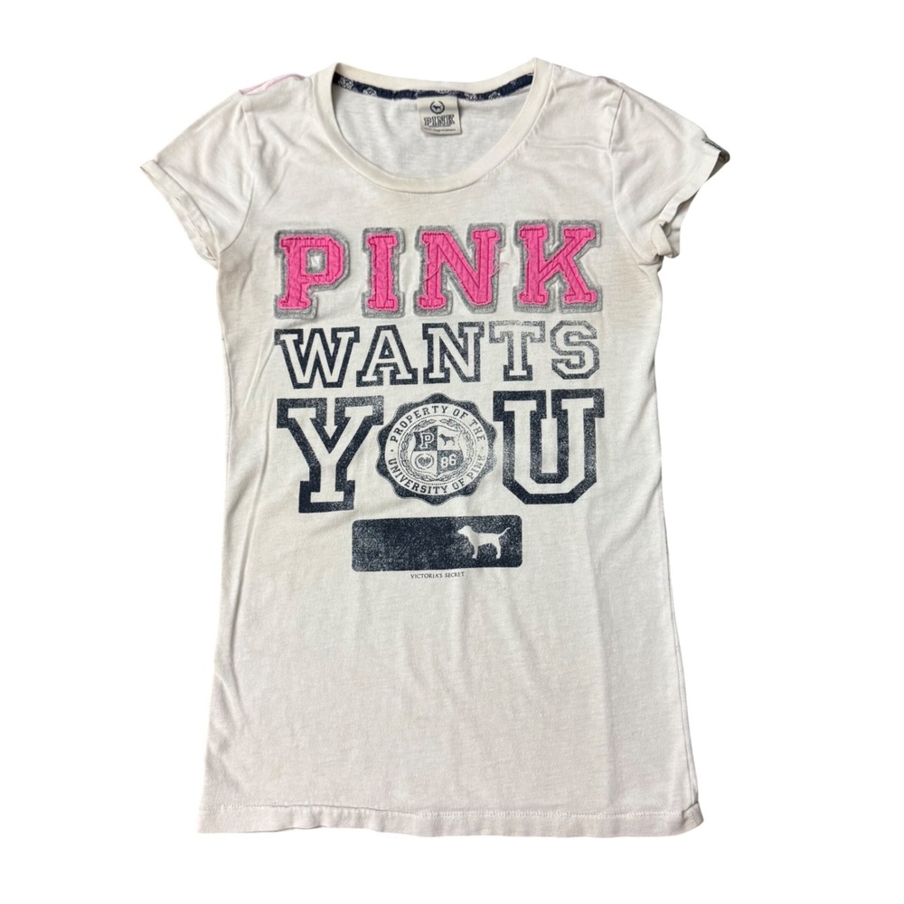 Y2K Victorias Secret PINK Graphic Fitted Baby Tee Pink Wants You XS